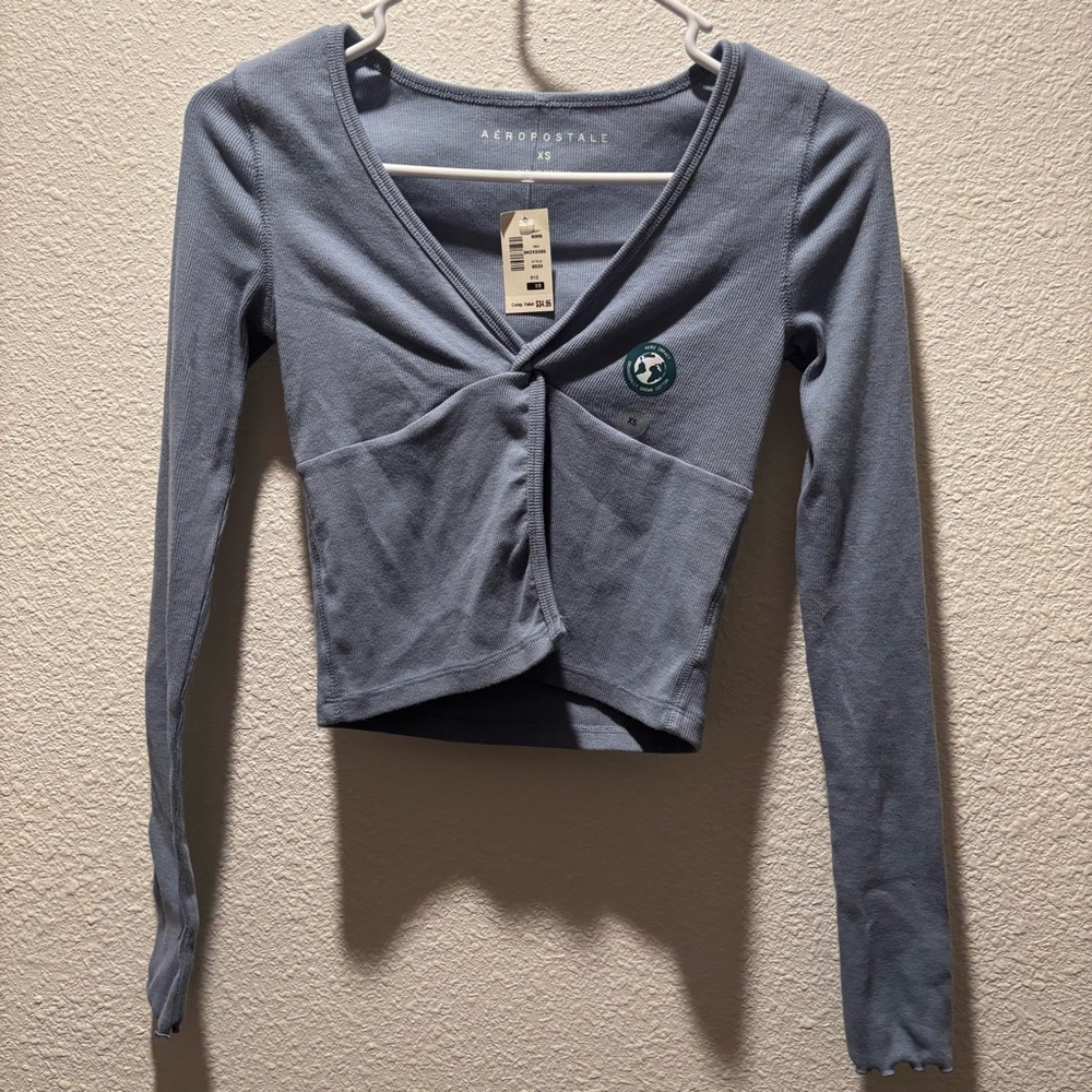 Aeropostale Blue Long Sleeve crop top with knot detailing and open front bottom